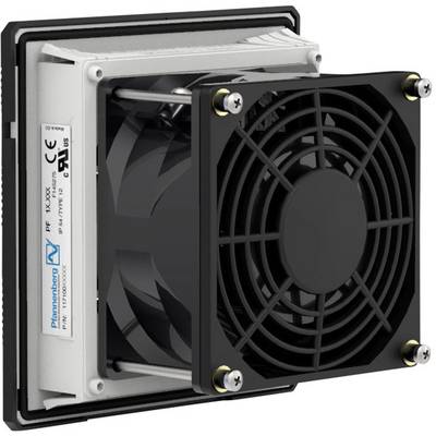 Ein schwarzer Ventilator in quadratischem Gehäuse, montiert auf einer Metallstruktur, dient zur Kühlung elektronischer Geräte.