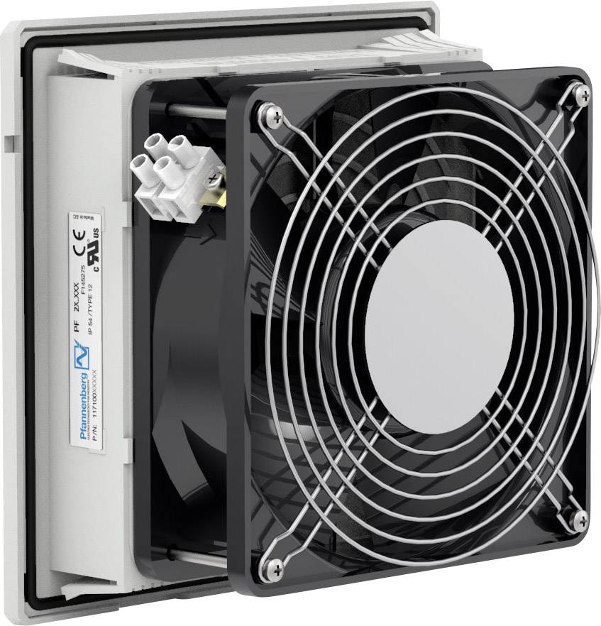 Ein schwarzer Ventilator mit Schutzgitter und Kabelanschlüssen, montiert in einem rechteckigen Gehäuse; typische Industriekühlung.