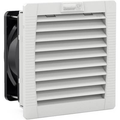 Kühlventilator mit rechteckiger, grauer Abdeckung und horizontal verlaufenden Lamellen, eingesetzt zur Belüftung von Schaltschränken.