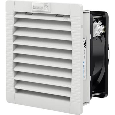 Weiße Lüftungseinheit mit Gitter und Ventilator, Marke 'Pfannenberg'. Ventilator sichtbar von der Seite, geeignet für industrielle Kühlsysteme.