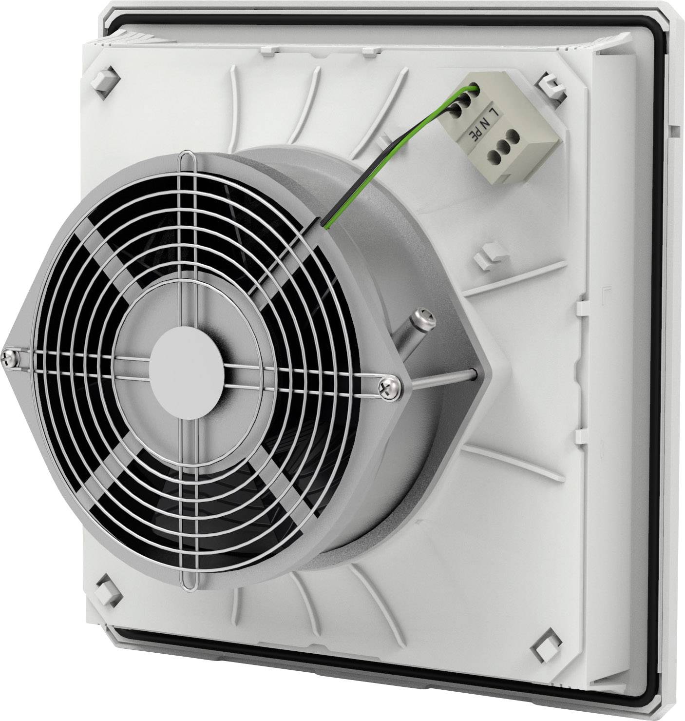 Ein quadratischer Ventilator mit Metallgitter und elektrischem Anschlusskabel, montiert auf einer weißen Platte.