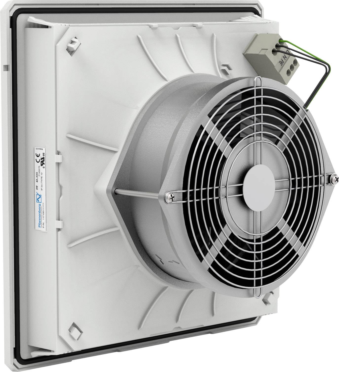 Ein quadratischer Lüfter mit einem runden Gitter und einem Anschlusskasten oben rechts, montiert an einer flachen Oberfläche.