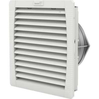 Weißes quadratisches Ventilatorgitter mit horizontalen Lamellen, das für Belüftung und Luftzirkulation in elektrischen Gehäusen verwendet wird.