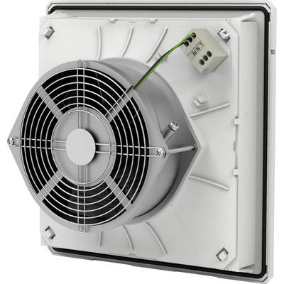 Ein weißer elektrischer Lüfter mit einem Gitter in der Mitte. Oben rechts ist ein grünes Kabel mit einem kleinen weißen Stecker verbunden.