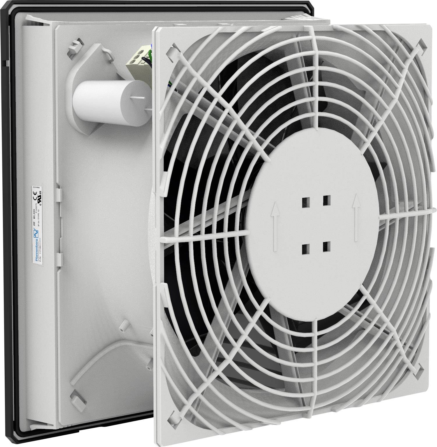 Ein quadratischer Lüftungsventilator in grauer Farbe mit sichtbaren Lüftungsschlitzen und einem elektrischen Anschluss hinten.