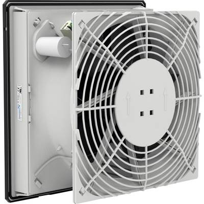 Ein quadratischer Lüftungsventilator in grauer Farbe mit sichtbaren Lüftungsschlitzen und einem elektrischen Anschluss hinten.