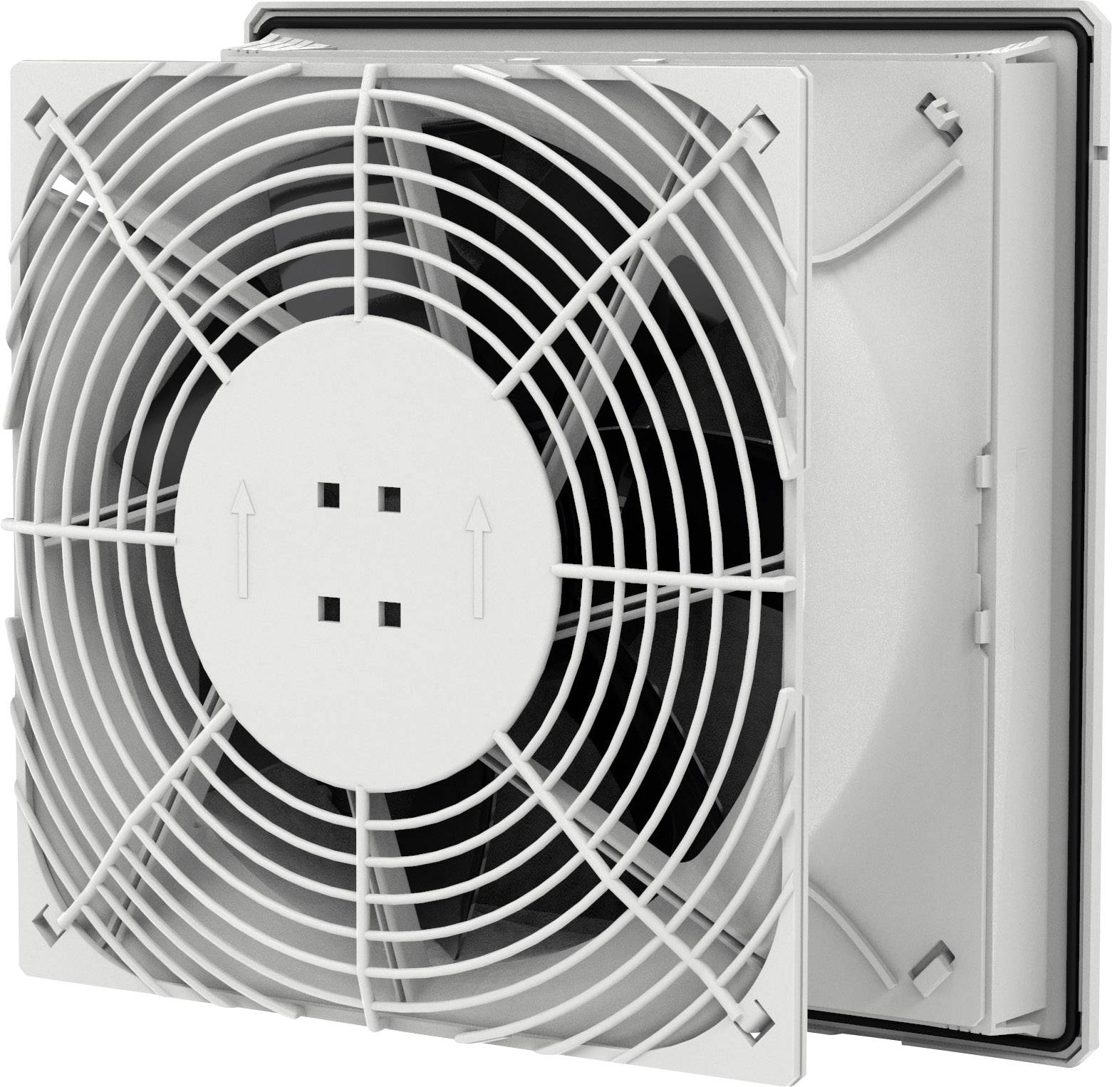 Ventilator mit quadratischem Gitter und Pfeilen zur Luftstromrichtung. Im Hintergrund ist ein Gehäuse sichtbar.