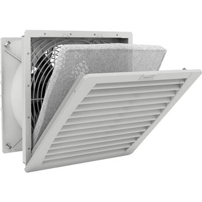 Ein Lüftungsgitter mit herausnehmbarem Filtereinsatz und eingebautem Ventilator, verwendet zur Luftzirkulation in Industrieanwendungen.