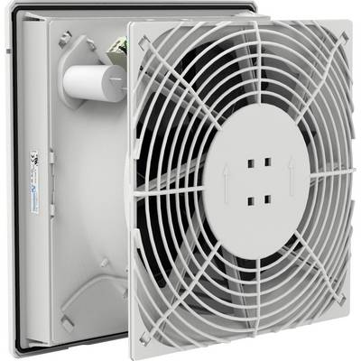 Industrieventilator mit rechteckigem Gehäuse und Gitter, dargestellt im geöffneten Zustand. Geeignet für Lüftungs- und Kühlanwendungen.