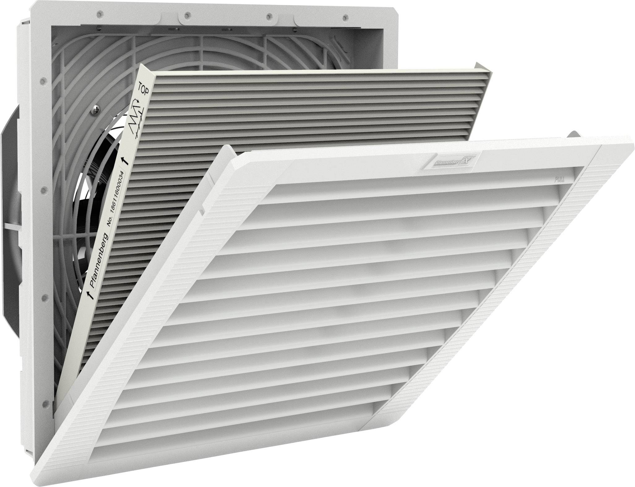 Ein entfernbarer Luftfilter in einem Lüftungssystem zeigt die inneren Gitter und den Ventilator.