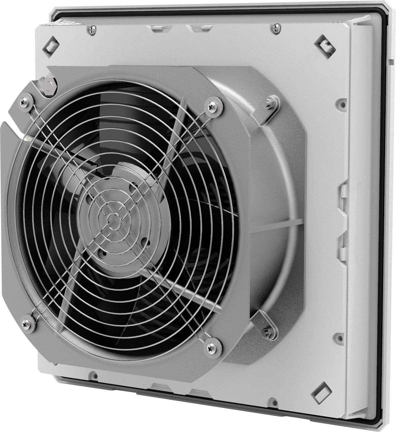 Industrieventilator an einer Wand montiert, mit Schutzgitter und rechteckigem Rahmen. Hauptsächlich für Belüftung in Fabriken verwendet.