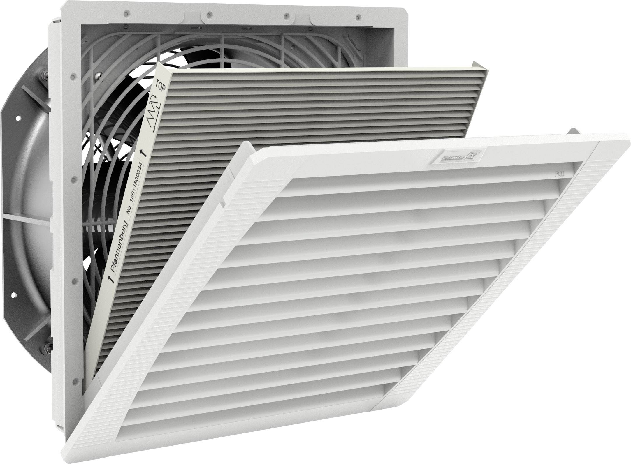 Ein geöffneter Luftfilter und Ventilator in einem Lüftungssystem, zeigt ein auswechselbares Filterelement.