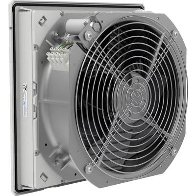 Industrieventilator in einem Gehäuse mit sichtbaren Anschlüssen und Schutzgitter. Designed für Kühlung und Belüftungssysteme.