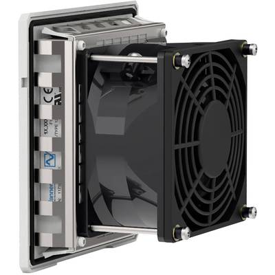 Industrieventilator in Metallgehäuse, zur Kühlung elektronischer Geräte. Sichtbare Kabelanschlüsse und Schutzgitter vorne.