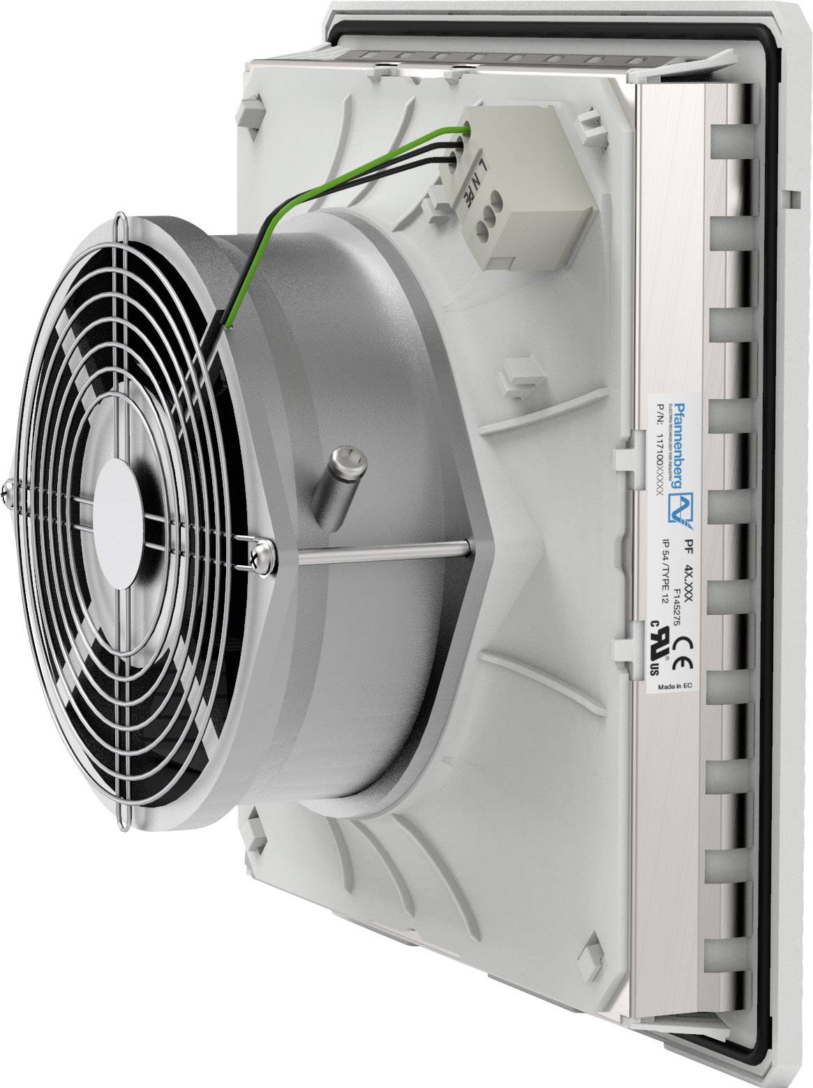 Ein Wandventilator mit Schutzgitter und Metallgehäuse, montiert auf einem grauen Rahmen. Das beiliegende Schild zeigt technische Spezifikationen.