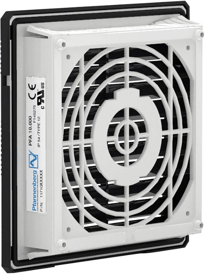 Lüftergerät von Pfannenberg zur Kühlung von elektrischen Schaltschränken, weiß mit schwarzem Gehäuse, Logo und CE-Kennzeichnung sichtbar.