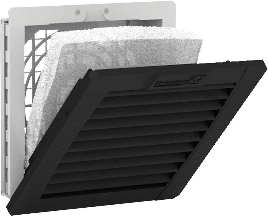 'Schwarz-weiße Lüftungsklappe mit herausnehmbarem Filtereinsatz. Für industrielle Anwendungen zur Kühlung und Belüftung.'