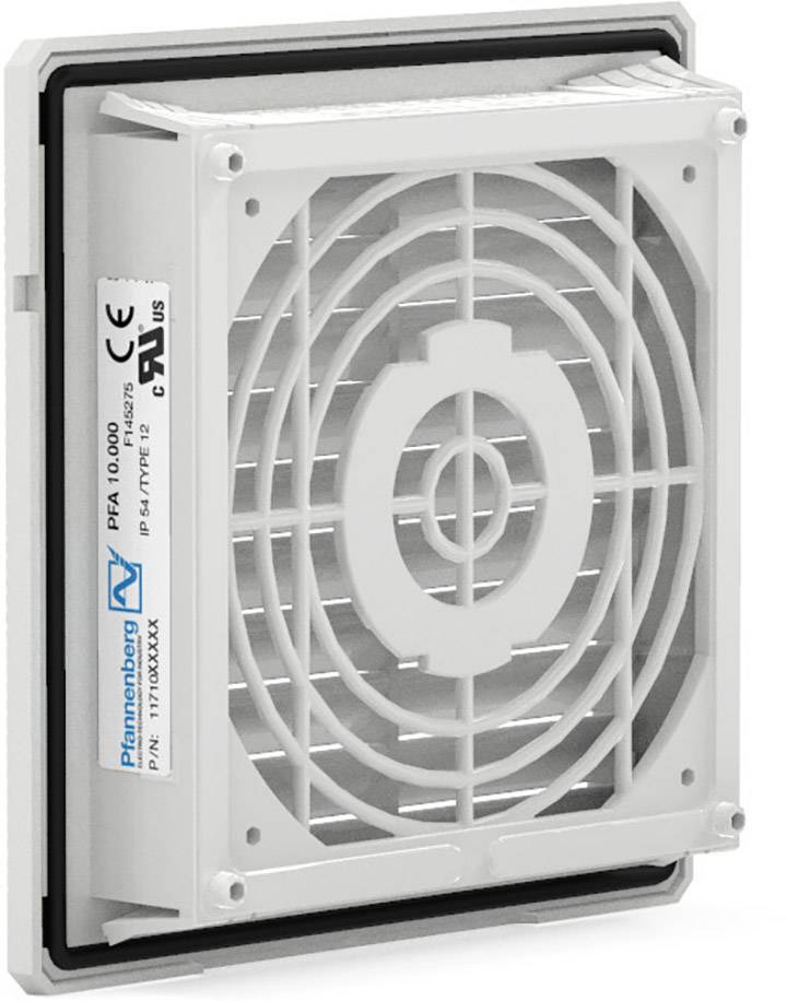 Ein rechteckiger Lüfterfilter mit einem quadratischen Gitter, grauem Rahmen und Herstellerkennzeichnung 'Pfannenberg'.