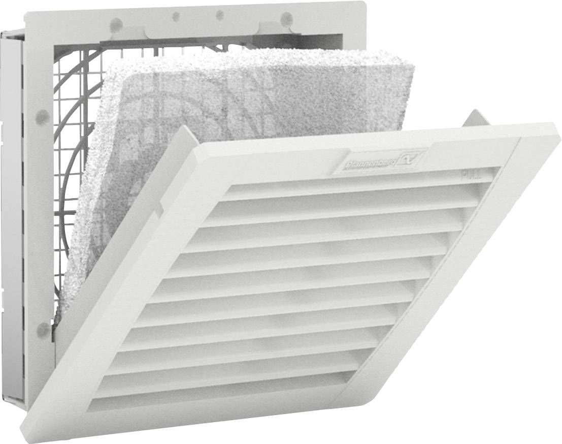 Lüftungsgitter mit herausnehmbarem Filtereinsatz, geöffnet, zeigt Filter und Befestigung. Ideal für technische Installationen.