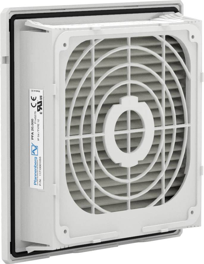 Ein quadratischer weißer Lüftungsfilter mit grauem Gitter, montiert auf einem Gehäuse. Darauf sind technische Angaben und Prüfzeichen zu sehen.