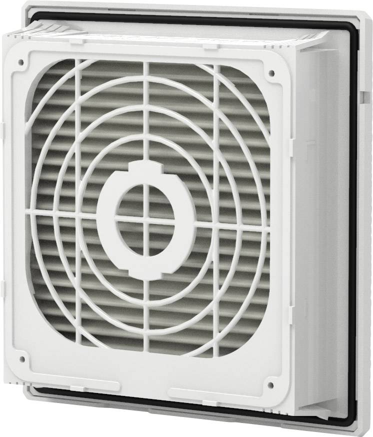 Ein weißer Lüfter mit quadratischer Form und schützenden Gitterlamellen, montiert an einer Wand.