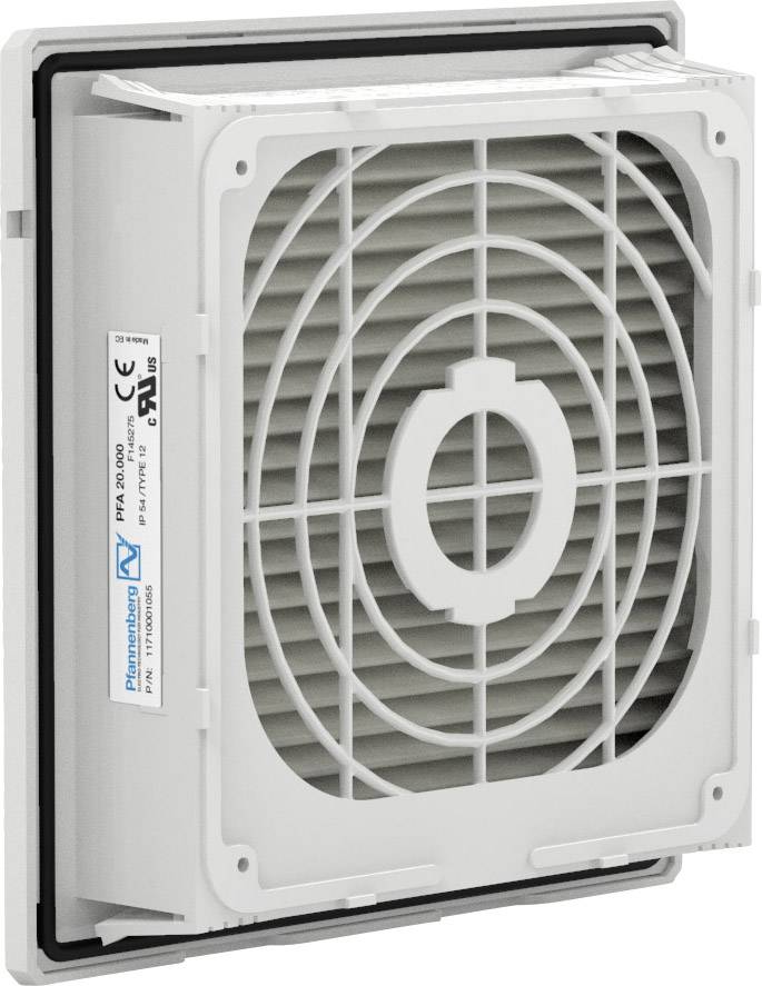 Ein rechteckiger, weißer Ventilator mit Schutzgitter und einem Etikett an der Seite, das technische Spezifikationen zeigt.