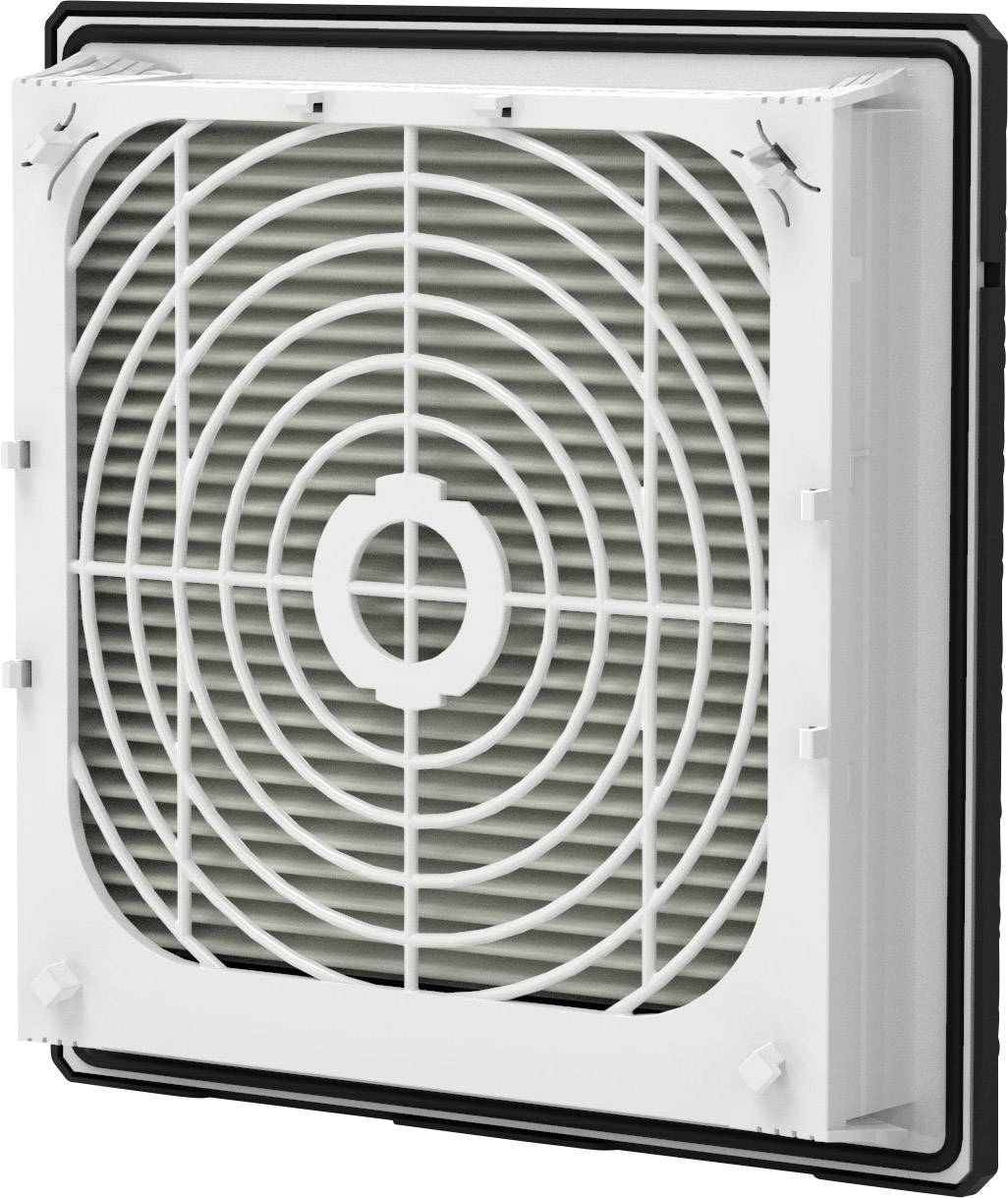 Ein weißer Lüftungsgitterrahmen mit kreisförmigem Mustergitter, montiert auf quadratischer schwarzer Basis.