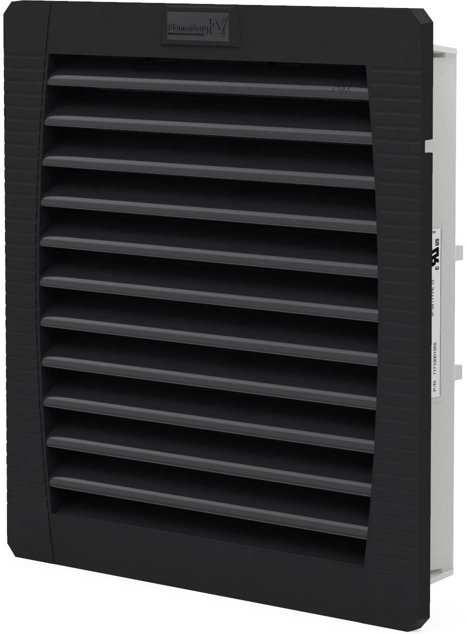 Ein schwarzer Lüftergitter mit mehreren horizontalen Lamellen zur Belüftung, montiert in einem rechteckigen Rahmen.