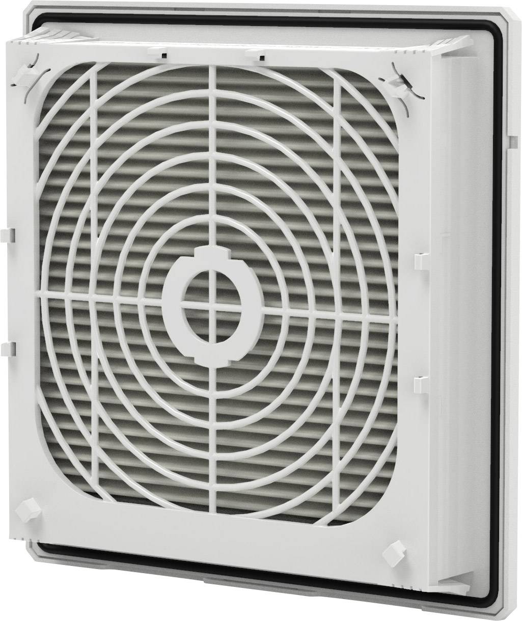 Ein quadratischer, weißer Lüfter mit Gitterabdeckung zeigt ein zentrales kreisförmiges Design und ist an einer Wand montiert.