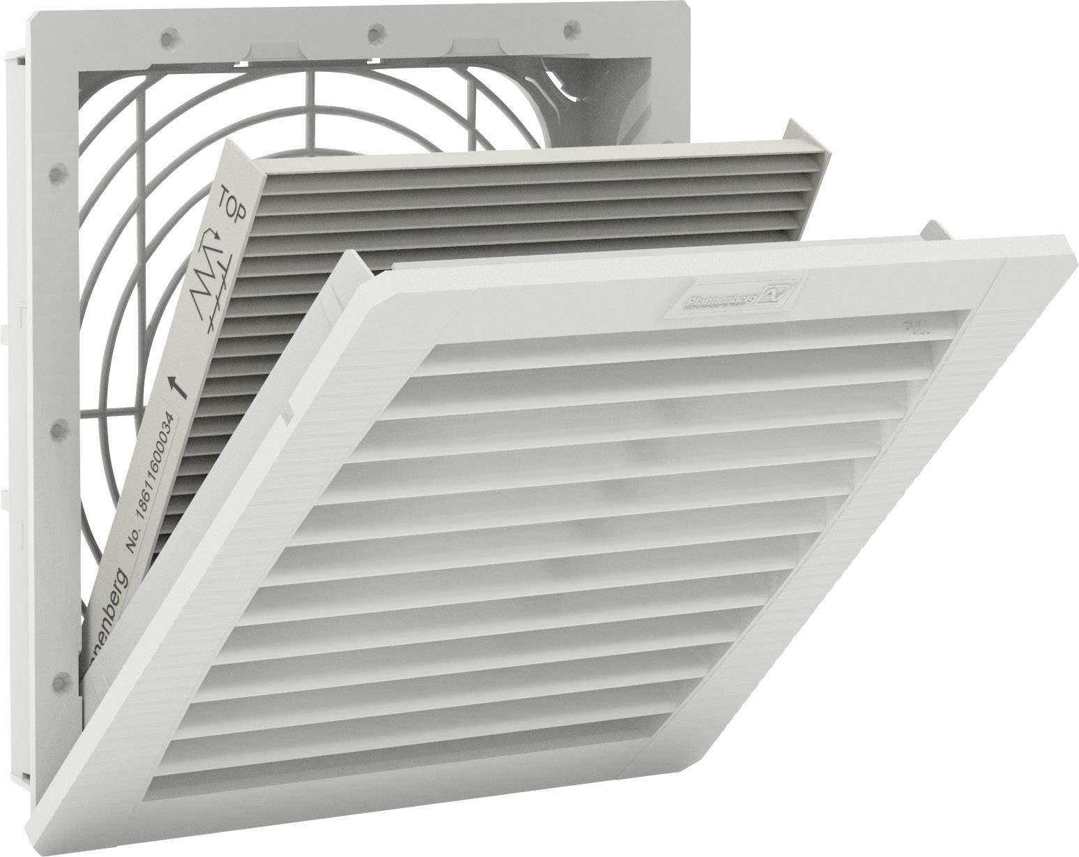 Lüftergitter mit eingebautem Filter, teilweise geöffnet, zeigt den Luftstromfilter im Inneren. Geeignet für industrielle Belüftungssysteme.