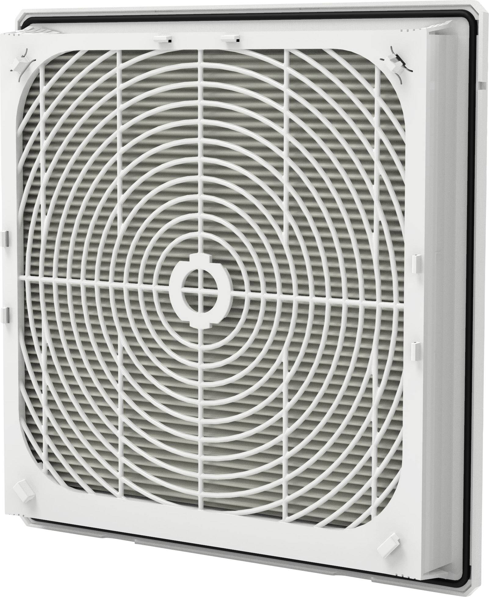 Quadratische, weiße Lüfterabdeckung mit konzentrischem Gittermuster und rechteckigem Rahmen. Luftzirkulation und Schutzfunktion.