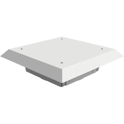 Ein weißer, quadratischer Deckenlautsprecher mit vier sichtbaren Schrauben in den Ecken.