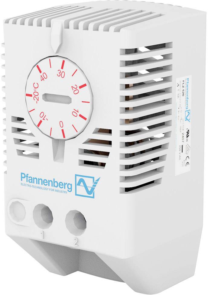 'Kompaktes Thermostat von Pfannenberg mit weißem Gehäuse und rotem Temperaturwahlrad. Einstellbar von 0 bis 60°C.'