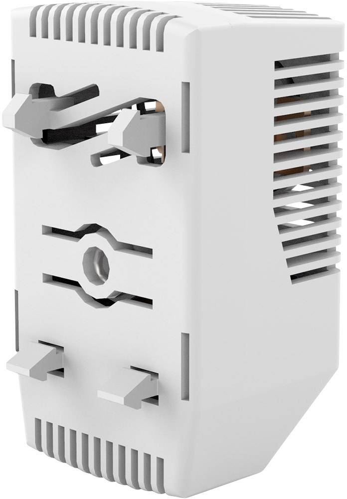 Ein weißer elektrischer Transformator mit Belüftungsschlitzen und mehreren Metallanschlüssen ist abgebildet.