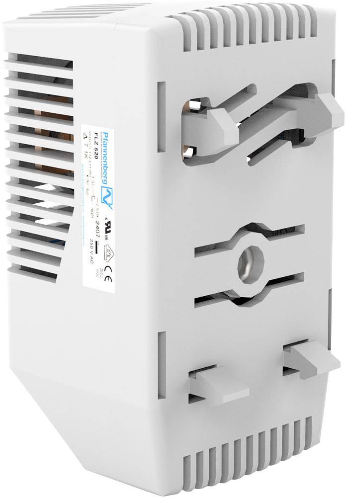 Weißes, rechteckiges elektronisches Gerät mit Lüftungsschlitzen und einer Befestigungsvorrichtung an der Seite.