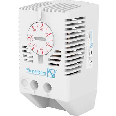 Weißer Thermostat von Pfannenberg mit Drehregler, zeigt die Temperatur in Grad Celsius an; Industriegebrauch.
