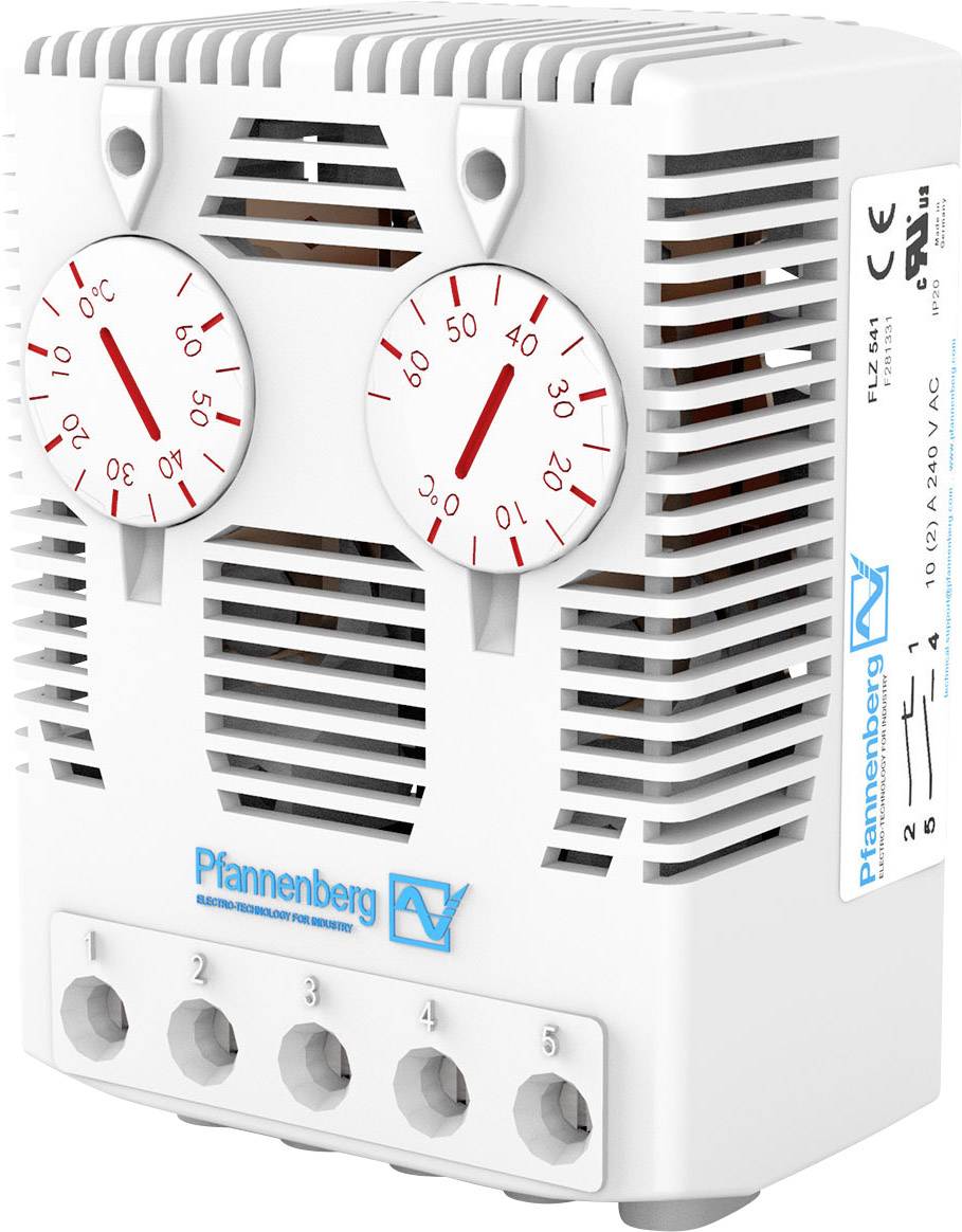 Ein weißes elektrisches Thermohygroskop mit zwei analogen Anzeigeinstrumenten, die Temperatur und Luftfeuchtigkeit anzeigen. CE-Kennzeichnung.