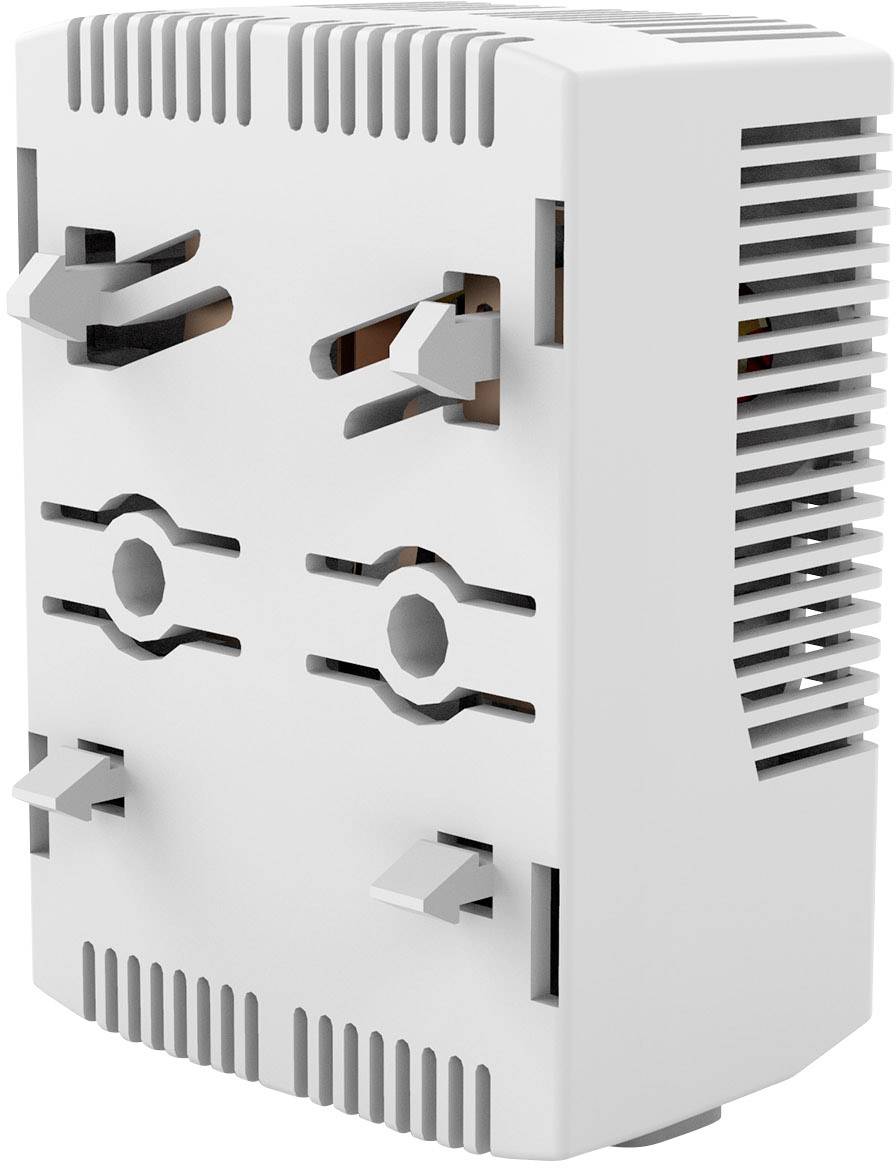 Ein elektrisches Gerät mit mehreren Schlitzen und Lüftungsgittern an den Seiten, möglicherweise ein Adapter oder Regler.