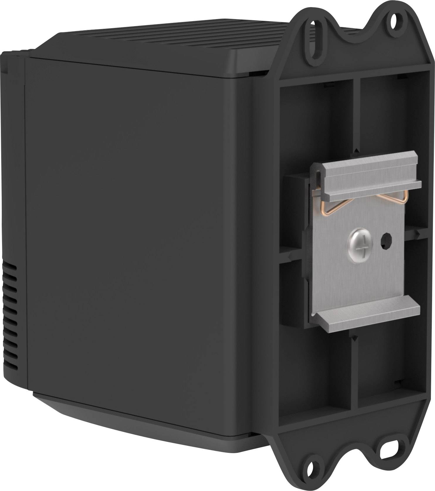 Ein schwarzes rechteckiges Gerät mit Metallhalterung an der Vorderseite. Es scheint ein elektronisches Modul oder Bauteil zu sein.