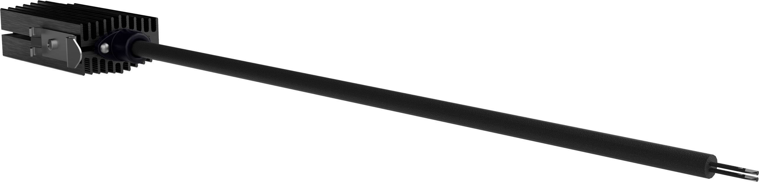 Langes, schwarzes Gerät mit Kühlrippen und Kabeln am Ende, möglicherweise ein technisches Instrument oder Sensor, auf weißem Hintergrund.