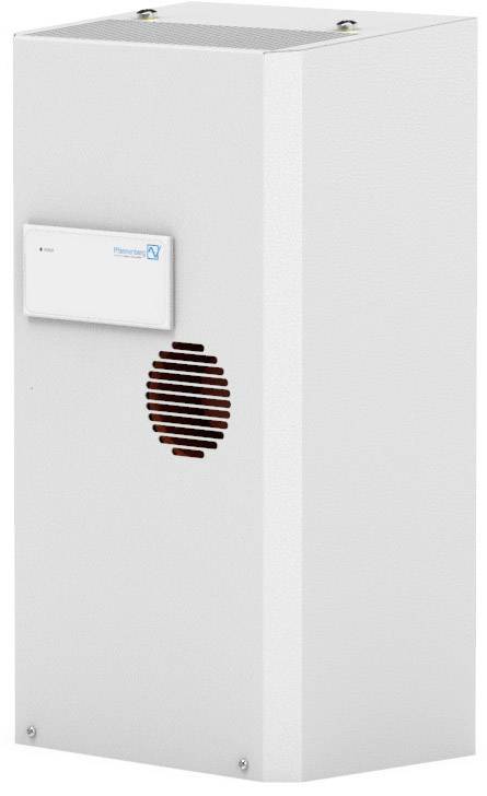 Metallkasten mit Lüftungsgitter und kleinem Schild oben links. Möglicherweise ein elektrisches oder elektronisches Gerät.