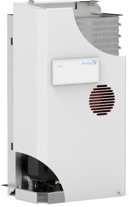 Ein weißes Klimagerät mit einem Lüftungsgitter und einem rechteckigen Bedienfeld an der Vorderseite.