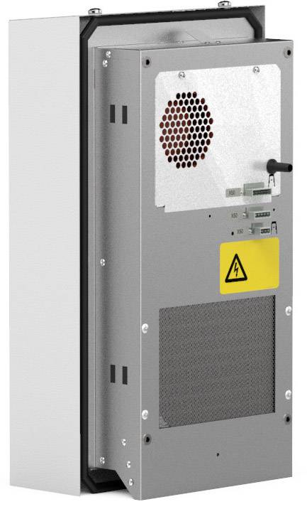 Elektronische Gerätetafel in einem Gehäuse mit Lüftergitter und Warnsymbol für hohe Spannung auf der Vorderseite.