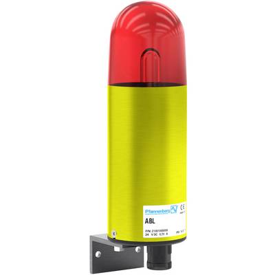 'Ein rotes Warnlichtgerät mit gelbem Gehäuse und Wandhalterung, von der Marke Pfannenberg, Modell ABL, geeignet für 24V DC.'