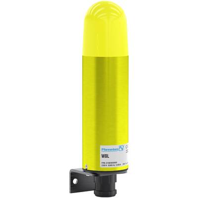 Gelb leuchtender LED-Blitzsignalgeber mit schwarzer Halterung, geeignet für Spannungen von 230V, ideal für Warn- und Signalanwendungen.