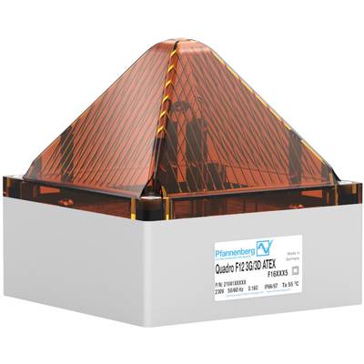 Ein orange-rotes pyramidenförmiges Warnlicht mit weißem Sockel, Etikett zeigt Marke 'Pfannenberg Quadro F12 3G/3D ATEX', 220V.