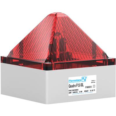 Ein rotes, pyramidenförmiges Warnsignalgerät mit weißem Gehäuse, beschriftet als 'Quadro F12-SIL' von Pfannenberg, für Industrieeinsatz.