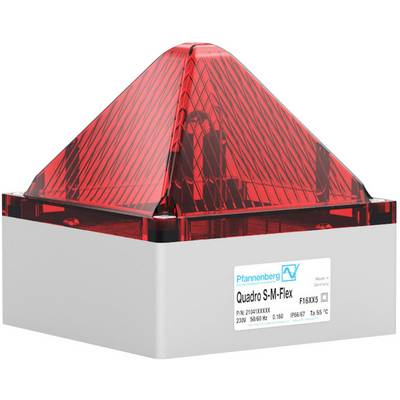 Roter Alarmmelder in Pyramidenform mit weißem Gehäuse, Produktetikett mit Spezifikationen wie Modell 'Quadro S-M-Flex' und Hersteller 'Pfannenberg'.