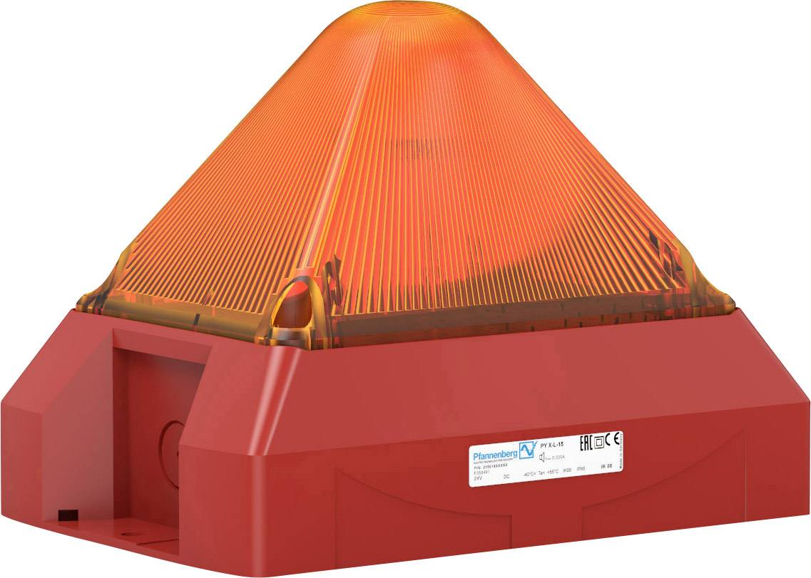 Ein rot-orange Stroboskop-Blitzlichtgerät mit transparentem Kegelaufsatz, verwendet für optische Alarme.