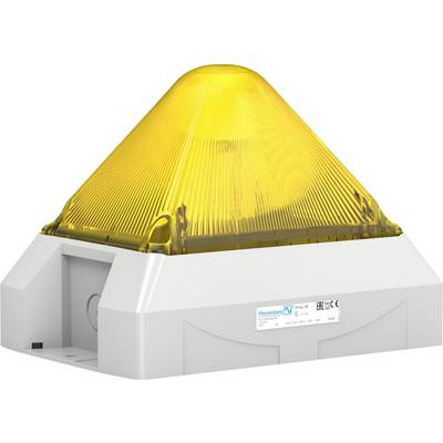 Gelbes Warnlicht auf weißem Gehäuse, verwendet in Sicherheitsanlagen zur visuellen Alarmierung in Notfällen oder besonderen Situationen.